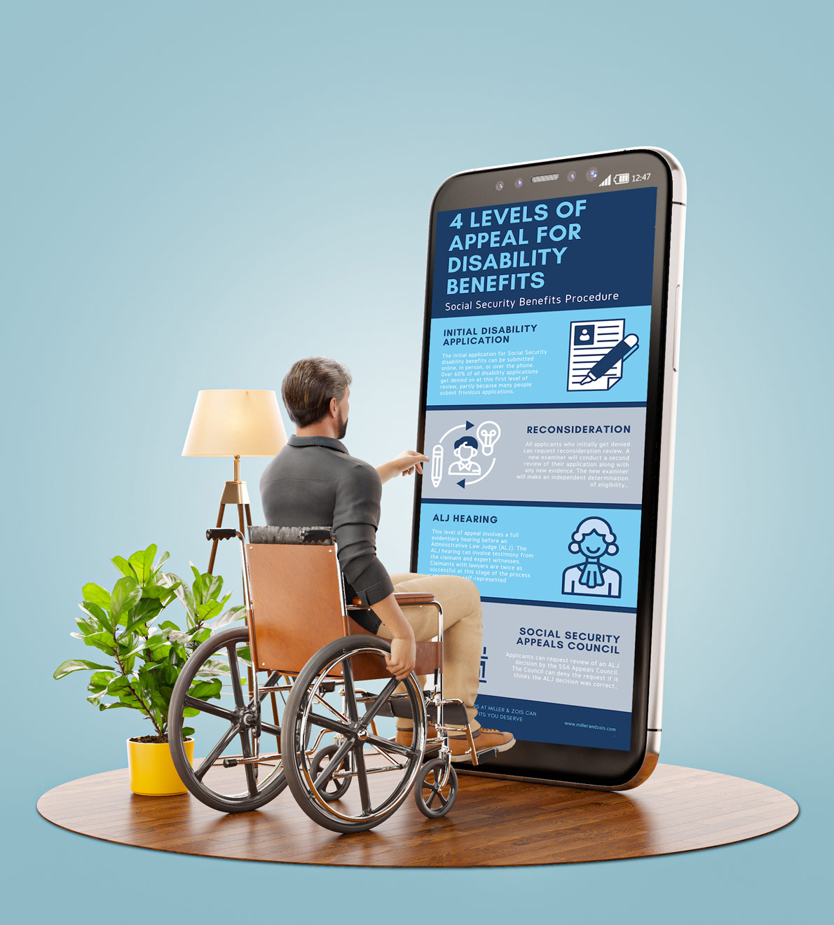 man in wheelchair facing large phone screen
